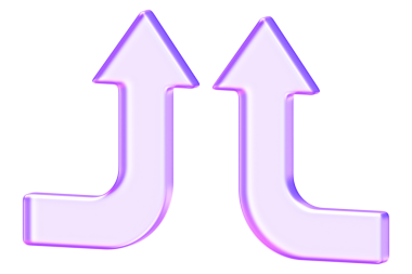 Üç boyutlu cam morfizm okları mor renkle birleştiriyor. Dijital tasarım için akışı, geçişi ve soyut navigasyonu gösteren en az gösterişli biçim.