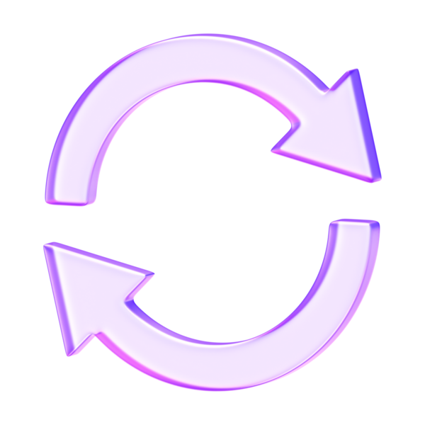 Mor renkte üç boyutlu camsmorfizm dairesel oklar. Döngü, dönüş, navigasyon ve soyut dijital elementler için modern minimal sembol