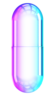 Mor mavi gradyanı olan üç boyutlu cam kapsül. Soyut tasarım, fütüristik dekorasyon ve dijital grafik için ışıltılı minimal hap biçimi