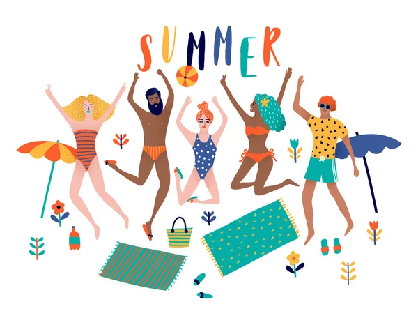 Zomer Strand Cartoon Vectorillustratie Met Gelukkige Jonge Mensen Springen — Stockvector