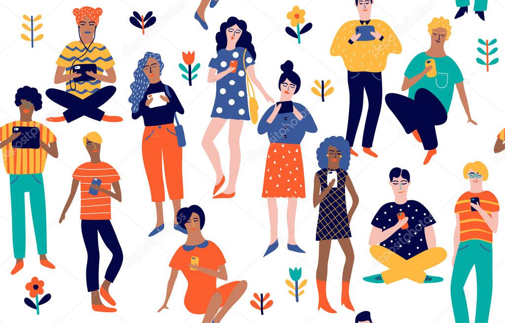 Seamless pattern with young people with gadgets