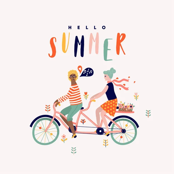 Summer Tandem Bike Couple Cartoon Illustration — Stock Vector
