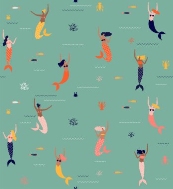 Denizin altında deniz kızı ile kusursuz yaz deseni - vektör çizimi