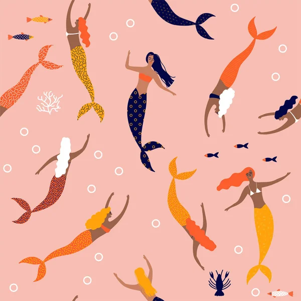 海の下の人魚と夏のシームレスなパターン ベクトル図 — ストックベクタ