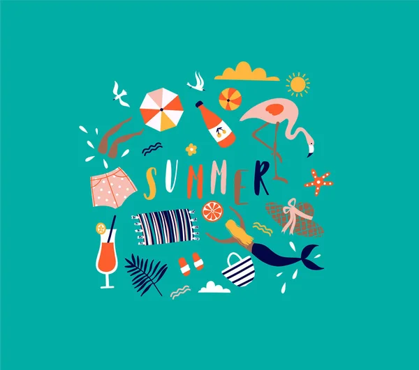 休日の要素を持つ夏ポップアート イラスト パーム トロピック ビーチ 文字体裁のベクトル図 — ストックベクタ