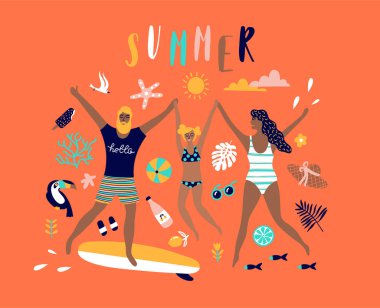 Yaz pop sanat illüstrasyon ile mutlu bir aile. Tropikal plaj. Tipografik vektör çizim.