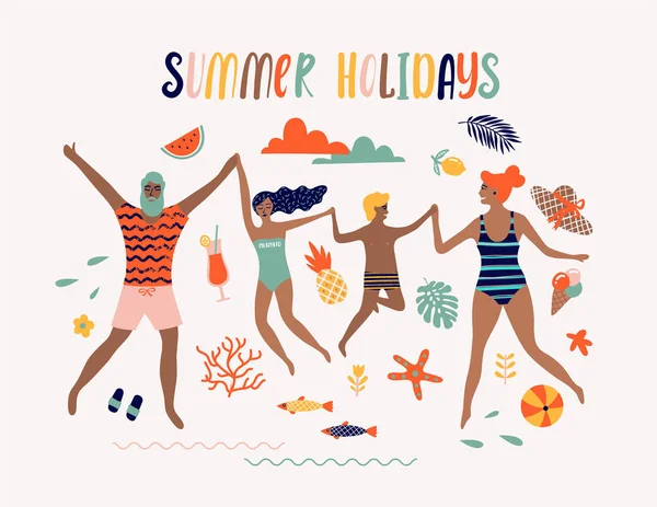Summer Pop Art Illustration Happy Family Tropical Beach Typographic Vector — Stock Vector