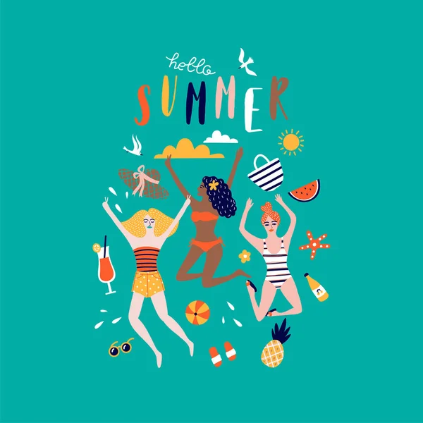 幸せな若い女性と夏のポップアート イラスト 熱帯のビーチ 文字体裁のベクトル図 — ストックベクタ