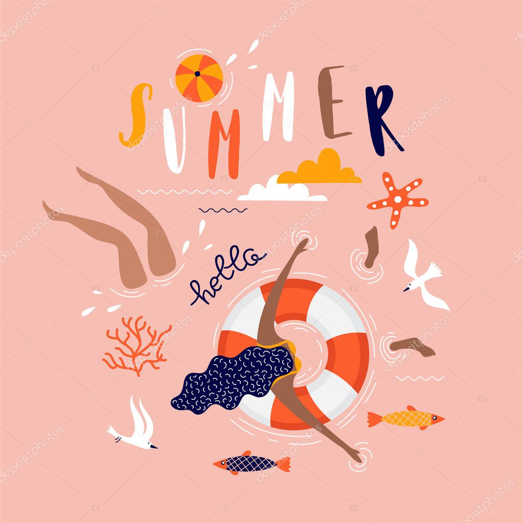 Summer pop art illustration with swimmers. Tropical beach. Typographic vector illustration.