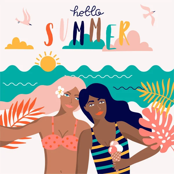 Vector Summer Holiday Illustration Friends Make Selfie Beach — Stock Vector