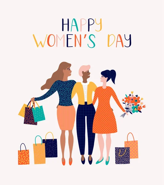 Feliz Ilustración Del Día Mujer Tarjeta Felicitación Con Las Mujeres — Vector de stock