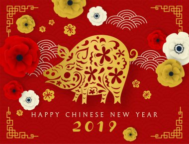 Mutlu yeni yıl 2019 illüstrasyon. Çin takvimine vektör tebrik kartı
