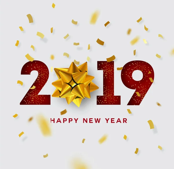 Metallic Gouden Geschenk Boog 2019 Happy New Year Goud Folie — Stockvector