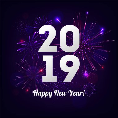 Havai fişek Mavi Arkaplanlı Mutlu Yeni Yıl illar. Premium Tebrik Kartı için Vektör Tatil Tasarımı, Parti Davetiyesi.