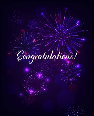 Kutlama illüstrasyon havai fişek mavi arka plan ile. Vektör Holiday Design Premium tebrik kartı, parti davetiyesi.