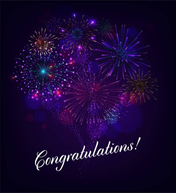 Kutlama illüstrasyon havai fişek mavi arka plan ile. Vektör Holiday Design Premium tebrik kartı, parti davetiyesi.