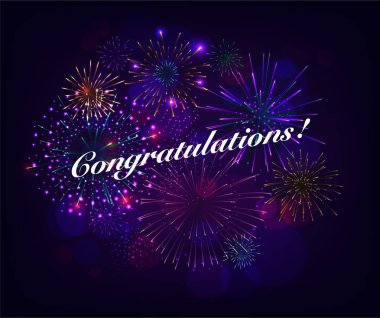 Kutlama illüstrasyon havai fişek mavi arka plan ile. Vektör Holiday Design Premium tebrik kartı, parti davetiyesi.