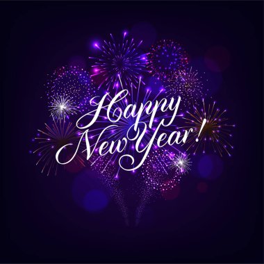 Havai fişek Mavi Arkaplanlı Mutlu Yeni Yıl illar. Premium Tebrik Kartı için Vektör Tatil Tasarımı, Parti Davetiyesi.