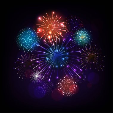 Kutlama illüstrasyon havai fişek mavi arka plan ile. Vektör Holiday Design Premium tebrik kartı, parti davetiyesi.