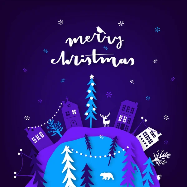 Merry Christmas Papper Skära Vektorillustration Gratulationskort Med Julgran Och Papper — Stock vektor