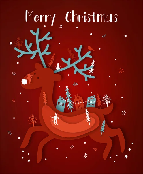 Frohe Weihnachten Papierschnitt Vektorillustration Grußkarte Mit Weihnachtsbaum Und Geschnittener Stadt — Stockvektor