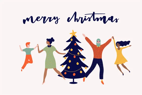 Feliz Natal Ilustração Com Pessoas Engraçadas Que Celebram Feriados — Vetor de Stock