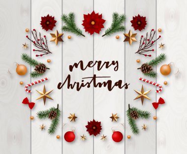 Noel tipografik kompozisyon kartpostal vintage etiketli ve Noel dilek şenlikli öğelerle süslenmiş.