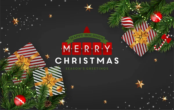 Merry Christmas Vector Wenskaart Realistische Afbeelding Met Kerstboom Belettering — Stockvector