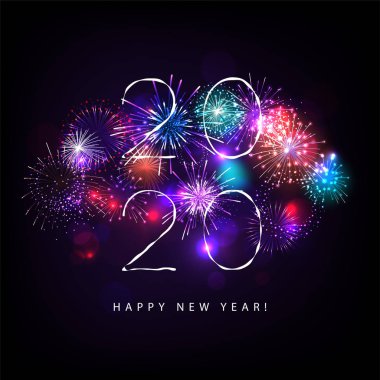 Havai fişek Mavi Arkaplanlı Mutlu Yeni Yıl illar. Premium Tebrik Kartı için Vektör Tatil Tasarımı, Parti Davetiyesi.