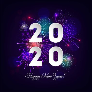 Havai fişek Mavi Arkaplanlı Mutlu Yeni Yıl illar. Premium Tebrik Kartı için Vektör Tatil Tasarımı, Parti Davetiyesi.