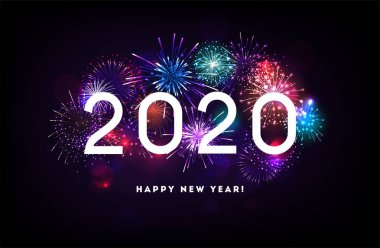 Havai fişek Mavi Arkaplanlı Mutlu Yeni Yıl illar. Premium Tebrik Kartı için Vektör Tatil Tasarımı, Parti Davetiyesi.