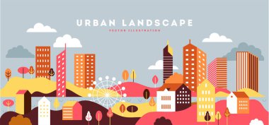Metin için kopya alanı ile kentsel illüstrasyon. Basit minimal geometrik düz tarzı - binalar, tepeler ve ağaçlar ile vektör şehir manzara - soyut yatay afiş ve arka plan 