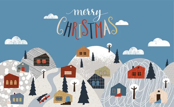 Веселого Різдва Векторні Ілюстрації Сніг Покрив Маленьке Містечко — стоковий вектор