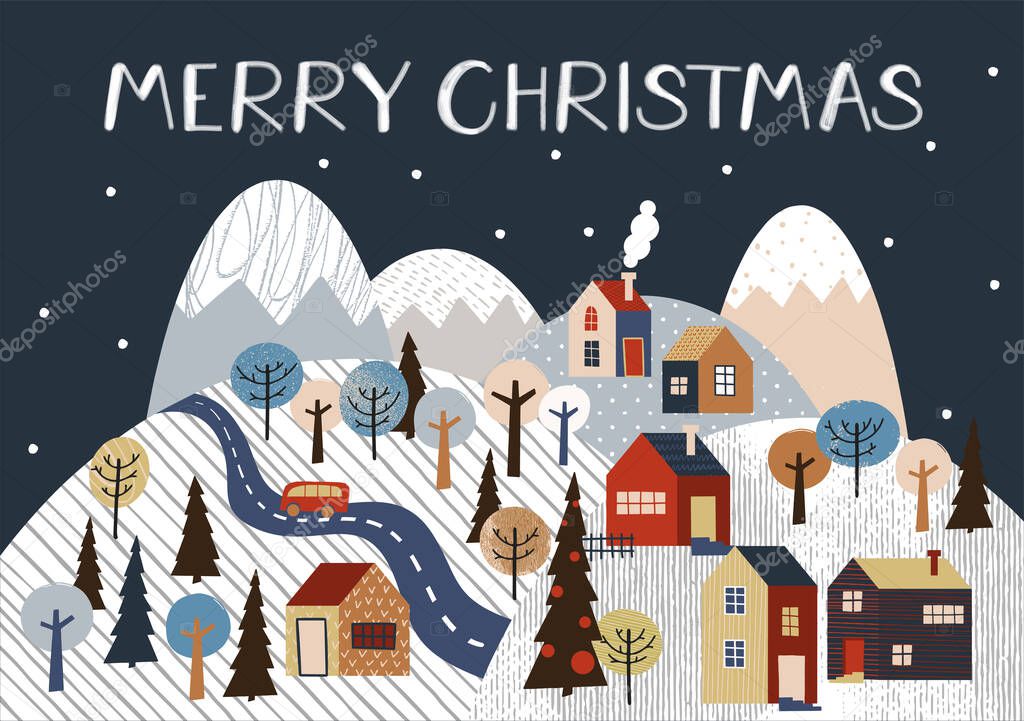 Merry Christmas vector illustration. Snow covered little town.