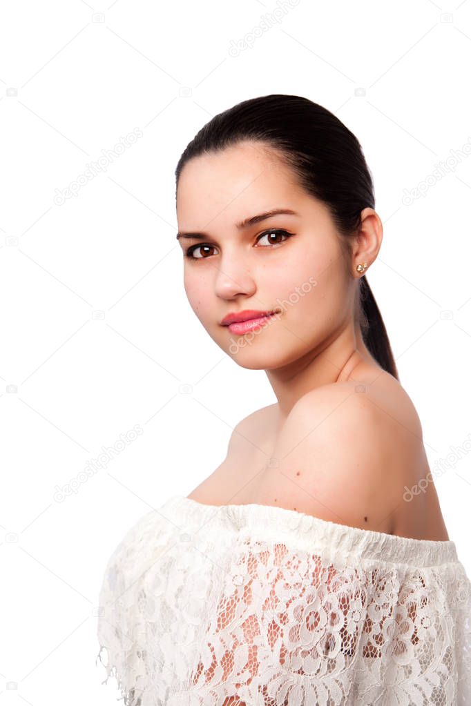 Beauty portrait face of attractive beautiful brunette woman with brown eyes and smooth skin, aesthetics cosmetics skincare concept.