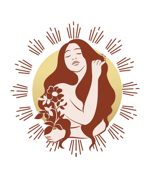 Mujer Con Flor Delante Del Sol Vector Ilustración — Vector de stock