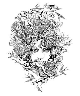 Gül illüstrasyon vektör kız.