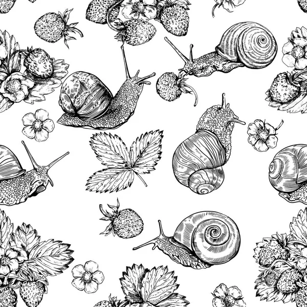 Escargots vintage et vecteur de fraise fond sans couture . — Image vectorielle