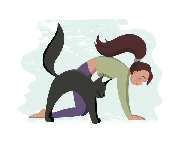 Kız ve kedi vektör çizim, birlikte pratiği yoga. — Stok Vektör