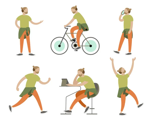 Plano colorido vector conjunto de joven hombre carácter poses y moveme — Vector de stock