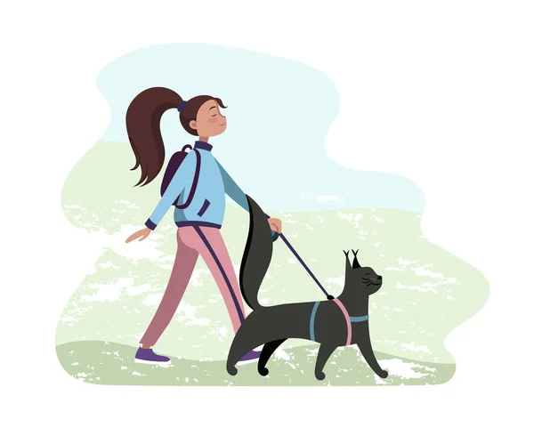 Meisje en kat vector illustratie, samen wandelen. — Stockvector
