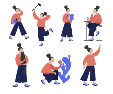 Genç kız karakter pozlar ve movem Düz renkli vektör seti