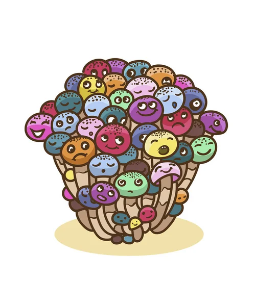 Vector colorful mushroon bunch with emotional faces. — Stock Vector