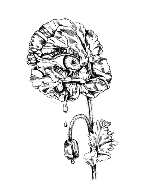 Vintage fleur de pavot dessinée à la main avec un oeil pleurant . — Image vectorielle