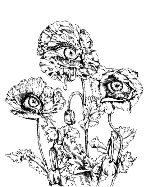 Fleurs de pavot dessinées à la main vintage avec oeil pleureur . — Image vectorielle