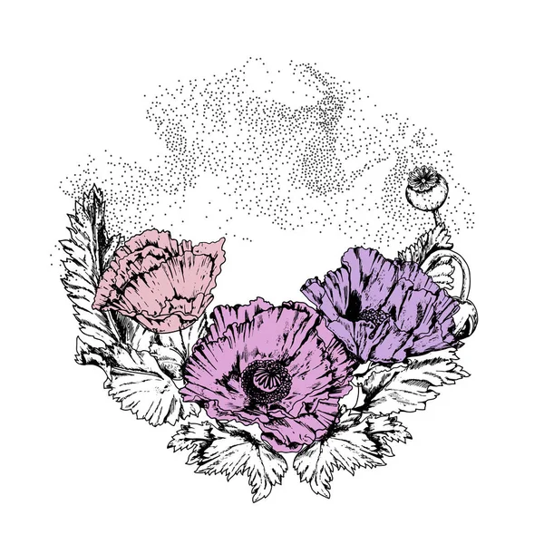 ケシの花とヴィンテージベクトルラウンド組成物. — ストックベクタ