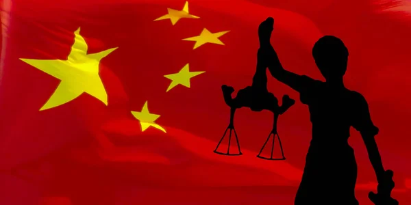 Silhueta Preta Uma Estátua Justiça Bandeira Chinesa — Fotografia de Stock