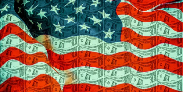 Μια ΗΠΑ δολάριο τραπεζογραμμάτιο με σημαία των Ηνωμένων Πολιτειών — Φωτογραφία Αρχείου