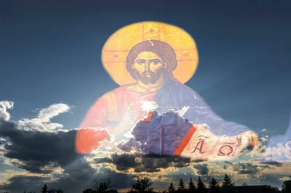 Icon Jesus Christ Dramatic Clouds Sunbeams — Stock Photo, Image