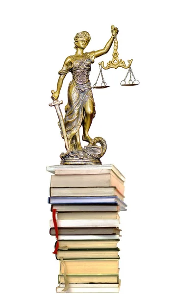 Standbeeld Van Justitie Stapel Boek Een Witte Achtergrond — Stockfoto
